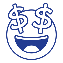 Step 2: Reap Rewards A smiley face with an open mouth and dollar signs for eyes