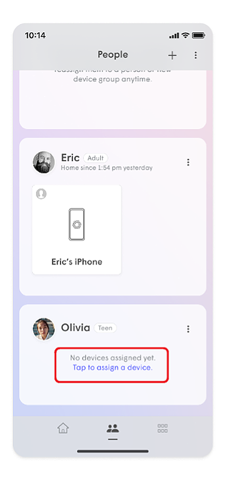 People page with No device assigned yet. Tap to assign a device outlined in red