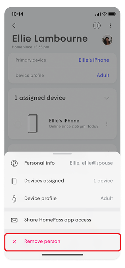 Popup with Remove person outlined in red