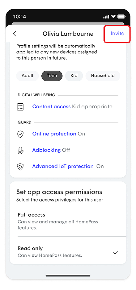 Profile settings with Invite outlined in red in top right corner.