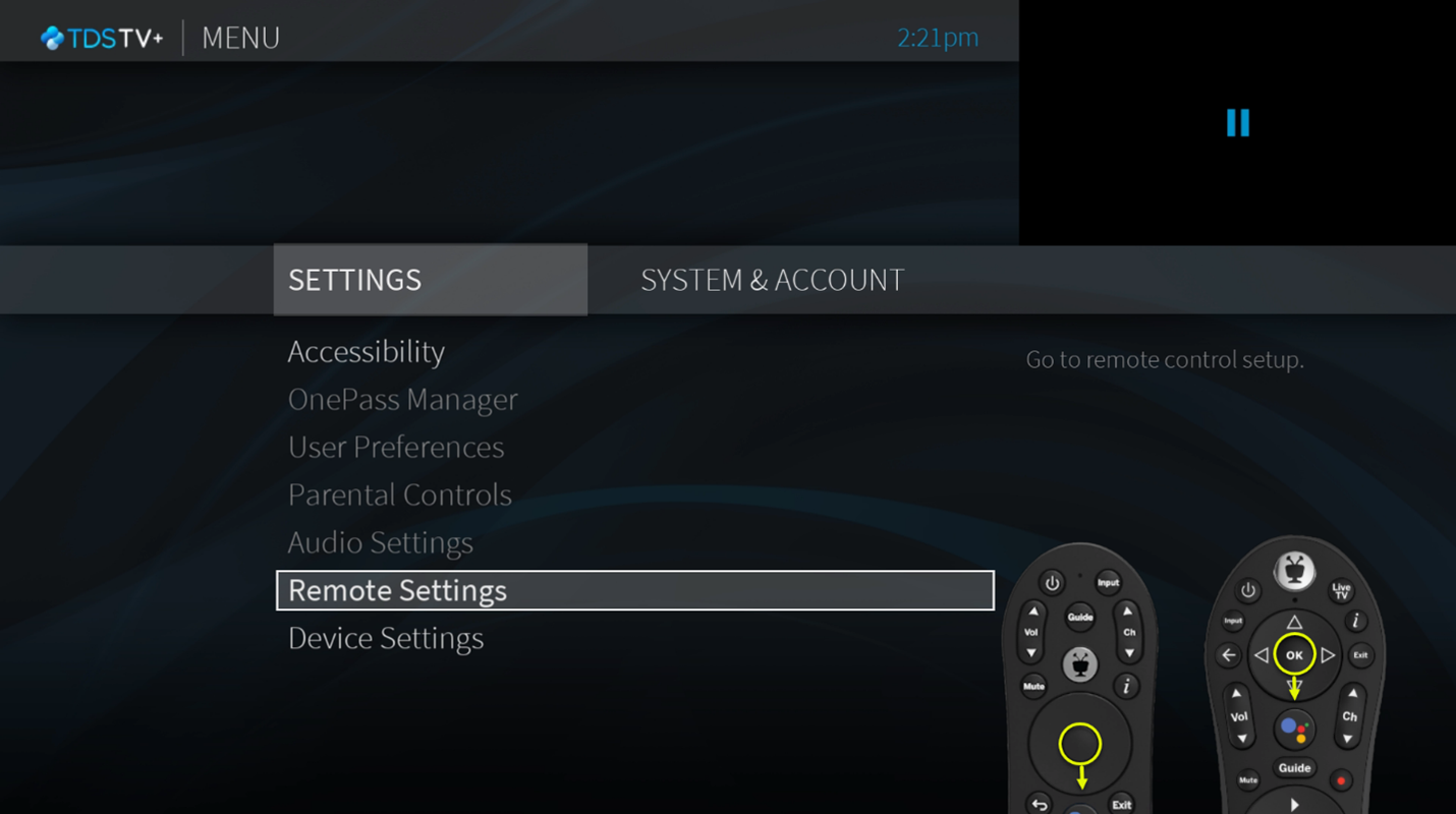 TDS TV+ setting screen with Remote Settings highlighted
