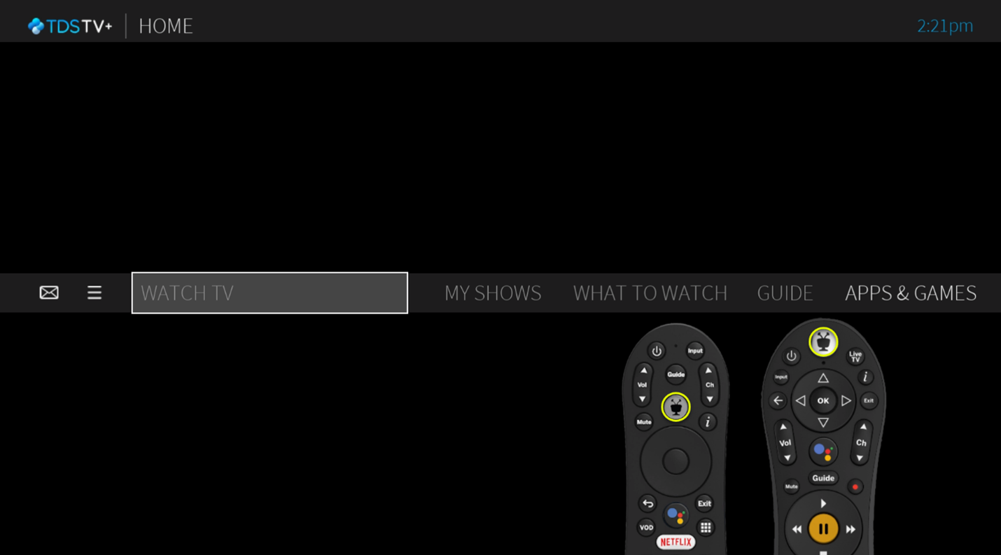 TDS TV+ screen with two remotes with TiVo button highlighted